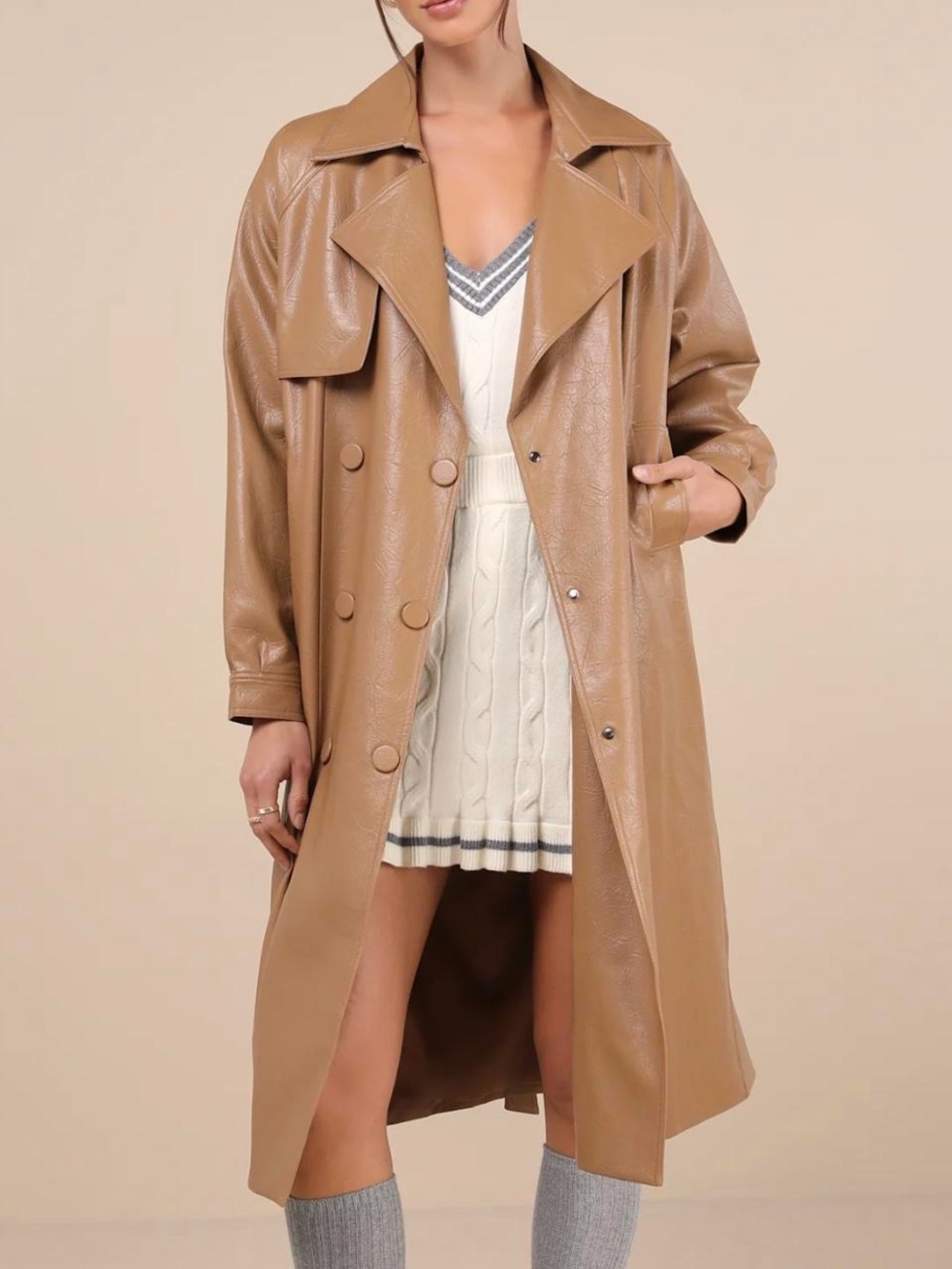 Tan vegan leather trench coat with belt